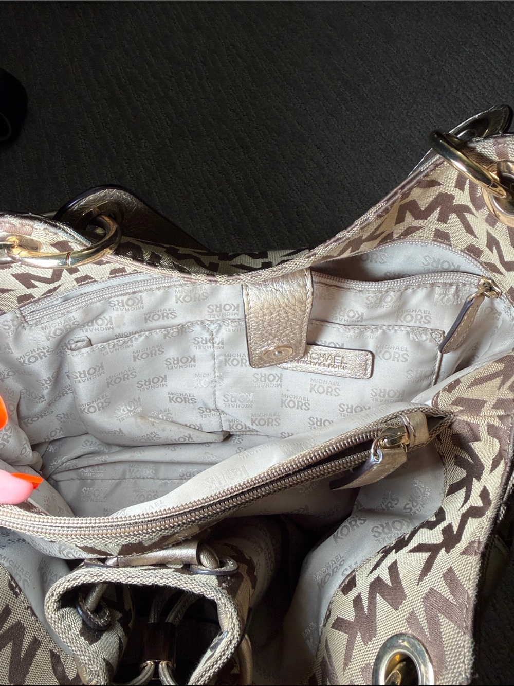 Michael Kors Brown/Tan MK Logo Drawstring Shoulder Bag - Picture 8 of 12